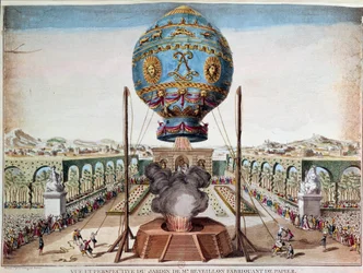 A Montgolfier fivérek kísérlete 1783. október 19-én Monsieur Réveillon kertjében, a párizsi Faubourg Saint-Antoine-ban. Claude Louis Desrais (1746-1816) metszete