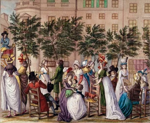 Divat az igazgatóság alatt: "Le petit Coblenz", a párizsi Boulevard des Italians sétányon. Claude Louis Desrais (1746-1816) litográfiája 1798. Párizs, Musee Carnavalet