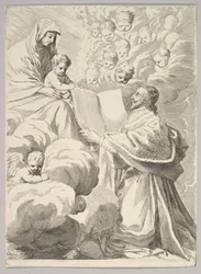 Richelieu bíboros, Térdelve, bemutatja könyvét a Szűznek és a Gyermeknek, kb. 1646.
