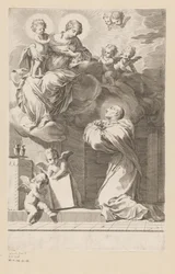 H. Bernard letérdel a Szűz és a Gyermek jelenése előtt Címlap ehhez: Saint Bernardus, Divi Bernardi Abbatis (...), 1640