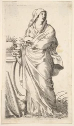 Talpazat mellett álló köntösös nő, jobb kezében pálmaág, hárfa r..., kb. 1620-88.