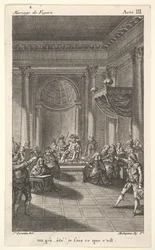 Egy lépcsős emelvényen széken ülő férfi hallgatóságot tart, két mutató férfi áll..., kb. 1784.