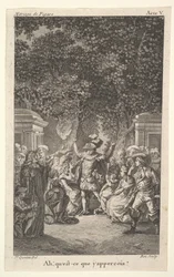 Egy fiatal fiú fáklyát tart a fák alatt a kertben, középen egy férfi felemeli mindkét karját, s..., kb. 1784.