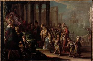 Salamon és Saba királynője is azt mondja: „” Eszter Assuerus 1er előtt (Xerxes 1er)”” Claude Vignon (1593-1670) festménye: 17. századi nap. 0,8x1,19 m Párizs, msuee du Louvre