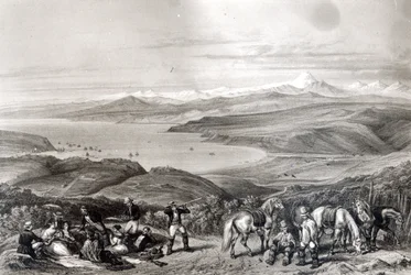 Az Aconcagua vulkán távoli látképe, a "Historia de Chile"-ből, F. Lehnert metszete.