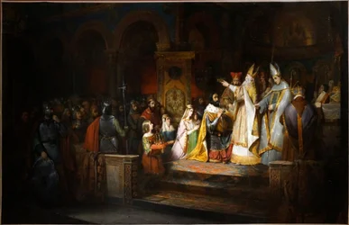 Nagy Károlyt I. Adrianus pápa 774-ben Milánóban Itália királyává koronázza.