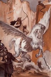 Bellerophon története: Bellerophon a lován, Pegase megöli a Chimere-t. Clement Gontier (1876-1918) illusztrációja Homere „The Ilias” (Omero) című művéhez. Paris, Henri Laurens