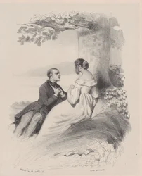 Férfi javaslatot tesz egy nőnek, akinek az arcát szőr takarja, kb. 1830-65.