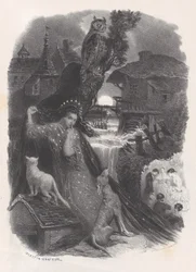 Éjszaka, 18. századi jelmezben rózsát szedő lány matricája a háton, kb. 1830-65.