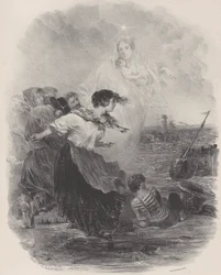 Nő a tenger mellett Madonnával, Hajóra mutat, kb. 1848-62.