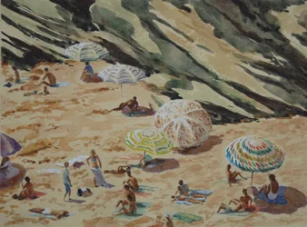 Strand, sziklák és napernyők