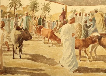 Szarvasmarha piac, Nizwa, Omán (2), 2018 (akvarell)