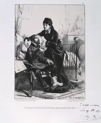 Francia-porosz háború 1870-1871: egy sebesült katonát ápolnak és táplálnak. Clément-Auguste Andrieux nemzetőrségről készült litográfiasorozatából.