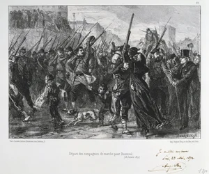 Az 1870-1871-es porosz-francia háború: a buzenvali csata (Mont Valérien) Versailles közelében, 1871. január 19. A Nemzeti Gárda a csatába és a vereségbe menetel. Clément-Auguste Andrieux Nemzeti Gárdákról készült litográfiasorozatából.