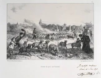 A porosz-francia háború 1870-1871: egy juhnyáj elhajtása, nehogy a poroszok kezére kerüljön. Clément-Auguste Andrieux nemzetőrségről készült litográfiasorozatából.