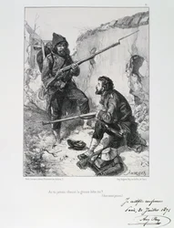 Francia-porosz háború 1870-1871. Párizs ostroma 1870. szept. 19.-1871. jan. 28. A mozgó nemzetőrség megérkezése Párizs védelmének támogatására, 1870. szeptember. Clément-Auguste Andrieux nemzetőrségről készült litográfiasorozatából.