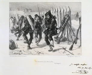 Francia-porosz háború 1870-1871. Párizs ostroma 1870. szept. 19.-1871. jan. 28. A sáncokon ugráló katonák így próbálnak melegen maradni. Clément-Auguste Andrieux nemzetőrségről készült litográfiasorozatából.