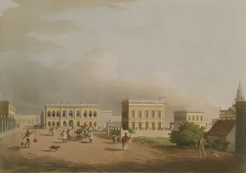 The Old Court House, Calcutta, 17. tábla a Huszonnégy nézetből Hindostanban, vésette Harradon, kocsma. írta: Edward Orme (1774-1820 körül) 1805 (akvatinta)