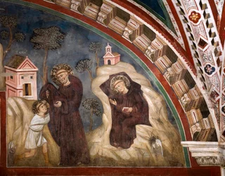 Romano szerzetes átadta a szokást a fiatal Benoit de Nursie-nak a Subiaco régióban, ő visszavonult a Consolo mester (13. század) Alsótemplom barlangfreskójába. Szent Benedetto kolostor (Sacro Speco), Subiaco (Róma), Olaszország
