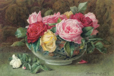 Csendélet egy tál rózsaszín, sárga és vörös rózsákkal, 1883