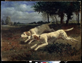 Futó kutyák. Constant Troyon (1810-1865) festménye. Olaj, vászon, 75 x 11 cm
