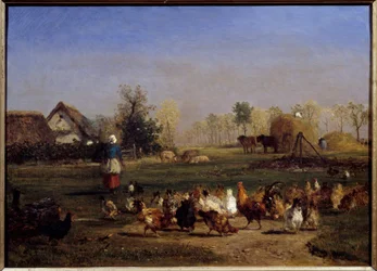 La provende des hens La basse cour (Basse-cour). Constant Troyon (1810-1865) festménye 19. századi V. 0,51x0,7 m - A tyúkok tenyésztője. A Tanyaudvar. Constant Troyon festménye (1810-1865)