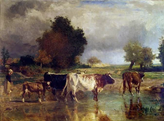 Tehén és borjú a tónál vagy az itató vályúnál Constant Troyon festménye (1810-1865) 19. század V. 0,78x1,03 m