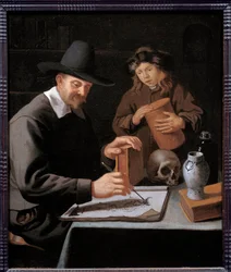 A festő és tanítványa. Egy tanonc megfigyeli, hogy mestere rajzol egy füzetre. Constantin Verhout (vagy Voorhout) festménye (vanite)