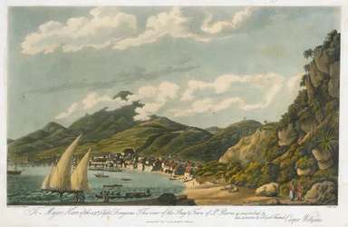Az öbölre és Saint Pierre városára (Martinique) nyíló kilátás. Cooper Willyams (1762-1816) litográfiája (42,3x56 cm).