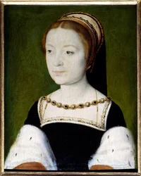 Franciaországi Magdolna (1443-1495) portréja, I. Ferenc legidősebb lánya, Skócia királynője, V. Jakab első felesége. Corneille de Lyon (Corneille de La Haye) (1500/1510-1574) festménye. Méretek: 0,22 x 0,31. Versailles, Musée du Château