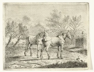 Legelő táj két lóval a híd és a farm közelében
