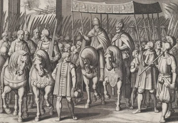 3. tábla: V. Károly koronás császárrá koronázott császár belépve Rómába a pápával, Károly diadalairól..., 1614.