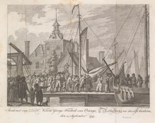 Willem George Frederik megsebesült herceg érkezése Rotterdamba, 1793 Z.D.H. érkezése Willem George Fredrik van Oranje, Rotterdamban, sérülései után, 1793. szeptember 15. (cím a tárgyon)