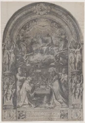 A Szűz megkoronázása Szent Lőrinccel, Szent Pállal, Szent Péterrel és Szent Szixtusszal, 1576.