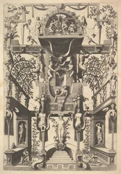 Fantasztikus építészeti szerkezet pántokkal és két pergolával és egy kis jelenettel a Vu...-val, 1557.