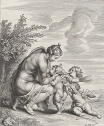 Vénusz három Ámort szoptat egy tájban, kb. 1627-78.