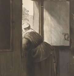 Egy nő az alsó ajtóra támaszkodva Rembrandt van Rijn után