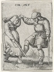 Egy bekötözött lábú férfi táncol egy nővel, 1572 (metszet fektetett papírra)