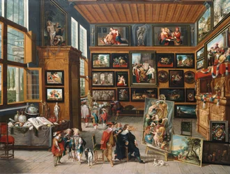Tágas bejárati terem képekkel, gyűjtői tárgyakkal, egy művész és egy műértő, 1635-1640