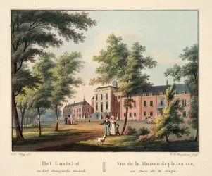 Het Lustslot in het Haagsche Bosch. A Haije Wood-i örömház látképe, 1825 (kézi színezésű metszet)