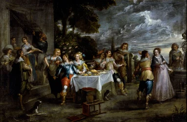 A tékozló fiú története: disszipáció. Cornelis De Wael (1592-1667) festménye, 1630-1639 körül. flamand művészet. Olajfestmény. Mérete: 57x86 cm. Gének, Privee Collection.