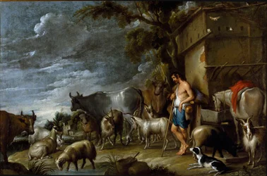 Cornelis De Wael (1592-1667) festménye, 1630-1639 körül. flamand művészet. A tékozló fiú története: a disznók őrzője. Csordatartó disznóval, harangszóval, kecskével, tehénnel, kecskével, lóval, kutyával és juhokkal. Olajfestmény. Mérete: 57x86 cm. Magángyű