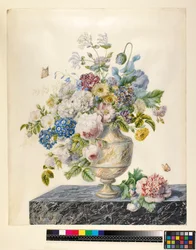 Márvány váza vegyes virágokkal egy márványpolcon, 1800 körül