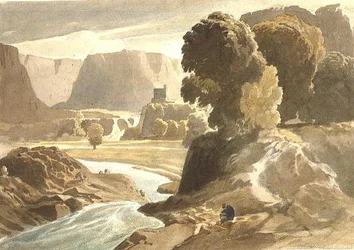 PD.4-1967 Hegyvidéki táj kastéllyal (valószínűleg walesi kilátás), 1802-3 körül (akvarell és ceruza, papír)