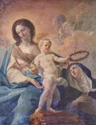SS Salvatore templom, belső tér, Rózsafüzér oltár, Rózsafüzér Miasszonyunk, Corrado Giaquinto (1703-1766) vászna, részlet, Poggiardo, Lecce, Puglia (fotó)