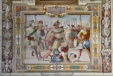 Csatajelenet, Bouilloni Godfrey okleveleiből Jeruzsálem elfoglalásakor, 1589-94 körül (freskó)