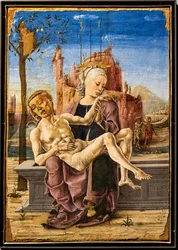Siralom, Cosmé Tura, 1460 körül. A festmény bal felső részén egy almafa ágaiba kapaszkodó majom látható. Ez egy utalás a Jó és a Rossz fájára, valamint az Ördög kísértésére a földi Paradicsomban.