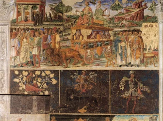 Jupiter és Kübelé diadala és az Oroszlán jegye, jelenetek július hónapból, freskó, északi fal, Hónapok terme, Palazzo Schifanoia (Az öröm palotája), Ferrara, Olaszország, körülbelül 1470