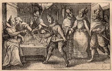 Backgammon parti sétáló játékosokkal - holland rézmetszet; Hortus Voluptatem, Crispin de Passe (1550-1643) nyomatkészletéből – Egy backgammon játszó házaspárt meglepett öt férfi maszk, Crispin de Passe l