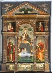 Megkoronázott Madonna és gyermeke angyalokkal, Szent Pál, Szent Péter